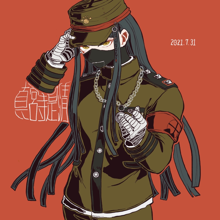 1boy bandaged_arm bandaged_hands bandages bangs black_hair chain commentary_request covered_mouth cowboy_shot dangan_ronpa_(series) dangan_ronpa_v3:_killing_harmony dated gakuran green_headwear green_jacket hand_up hat jacket jewelry kiri_(2htkz) long_hair looking_at_viewer male_focus mask necklace peaked_cap red_background school_uniform shinguuji_korekiyo simple_background solo translation_request