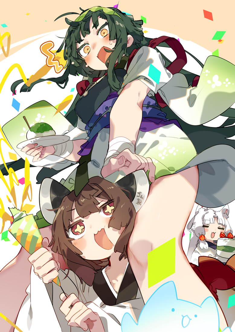 3girls ^^^ animal_ears bandaged_wrist bangs bare_legs black_bow bob_cut bow breasts brown_hair cake carrying closed_eyes commentary_request confetti embarrassed feet_out_of_frame food fox_ears green_hair green_hairband green_kimono hair_bow hairband holding holding_food holding_party_popper japanese_clothes karei kimono long_hair looking_down looking_up medium_breasts multiple_girls obi open_mouth orange_background parted_bangs party_popper pea_pod red_eyes riding sash shaved_ice short_hair shoulder_carry sidelocks simple_background surprised symbol-shaped_pupils touhoku_itako touhoku_kiritan touhoku_zunko upper_body very_long_hair voiceroid white_background white_hair white_kimono yellow_eyes |d