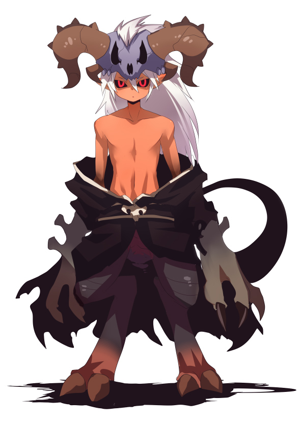 1boy assassin_cross_(ragnarok_online) bangs black_cape black_sclera black_shirt cape claws closed_mouth clothes_around_waist colored_sclera commentary_request emon-yu full_body hair_between_eyes horns long_hair looking_at_viewer male_focus monster_boy no_nipples pointy_ears ragnarok_online red_eyes shirt shirt_around_waist simple_background skull skull_on_head solo torn_cape torn_clothes waist_cape white_background white_hair