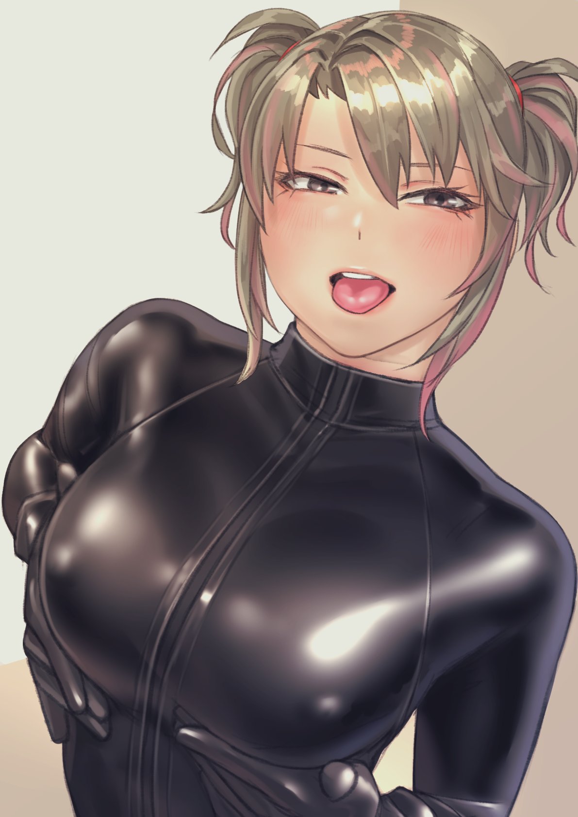 1girl blush bodysuit breast_lift brown_eyes covered_nipples gloves gradient_hair grey_hair half-closed_eyes highres kilye_kairi latex latex_bodysuit latex_gloves looking_at_viewer multicolored_hair open_mouth original pink_hair short_hair smile solo tongue tongue_out twintails upper_body