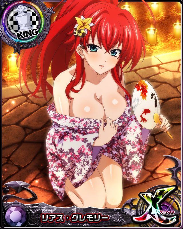1girl ahoge bare_shoulders blue_eyes breasts candle card_(medium) chess_piece collarbone eyebrows_visible_through_hair flower hair_between_eyes hair_flower hair_ornament hand_fan high_school_dxd king_(chess) kneeling large_breasts long_hair looking_at_viewer official_art ponytail redhead rias_gremory solo