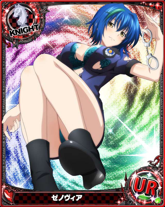 1girl blue_hair boots bra breasts card_(medium) chess_piece cuffs green_hair handcuffs heart high_heel_boots high_heels high_school_dxd holding_handcuffs knight_(chess) large_breasts looking_at_viewer lying multicolored_hair official_art on_back panties police police_uniform short_hair short_sleeves skirt solo streaked_hair torn_clothes two-tone_hair underwear uniform xenovia_quarta yellow_eyes