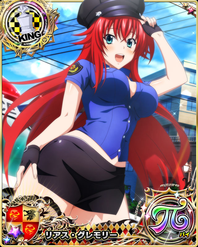 1girl blue_eyes breasts building car card_(medium) chess_piece clouds cowboy_shot day eyebrows_visible_through_hair fingerless_gloves gloves ground_vehicle hair_between_eyes hat high_school_dxd high_school_dxd_pi king_(chess) large_breasts looking_at_viewer motor_vehicle official_art open_mouth outdoors police police_car police_uniform redhead rias_gremory short_sleeves skirt sky solo teeth tongue uniform