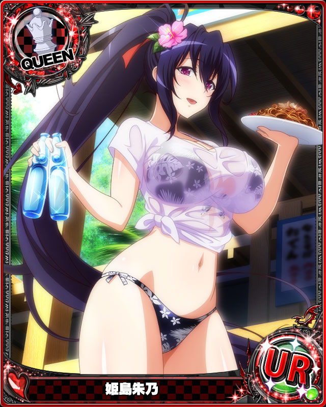 1girl bikini black_hair breasts card_(medium) chess_piece cowboy_shot day eyebrows_visible_through_hair flower food hair_between_eyes hair_flower hair_ornament heart high_school_dxd himejima_akeno holding large_breasts long_hair looking_at_viewer navel official_art open_clothes outdoors plate ponytail queen_(chess) shirt short_sleeves solo standing swimsuit tongue very_long_hair violet_eyes wet wet_clothes