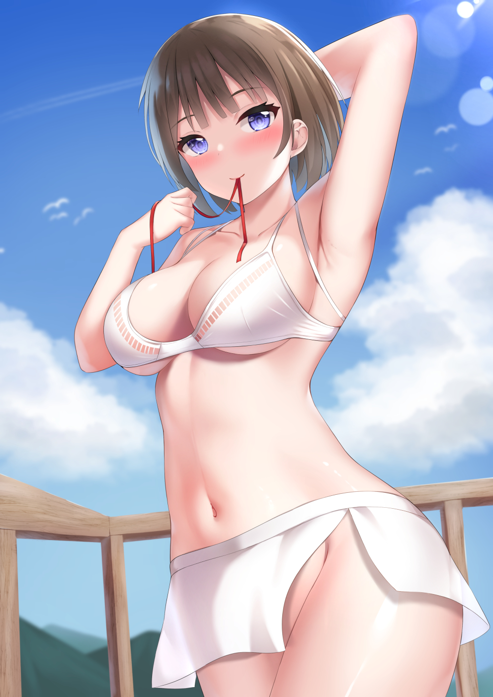 1girl arm_up armpits bangs bare_arms bare_shoulders bikini blue_eyes blue_sky blush breasts brown_hair clouds collarbone commentary_request cowboy_shot day groin hand_up highres large_breasts looking_at_viewer mouth_hold navel original short_hair sky smile solo standing stomach swimsuit tatsumiya_kagari thighs white_bikini