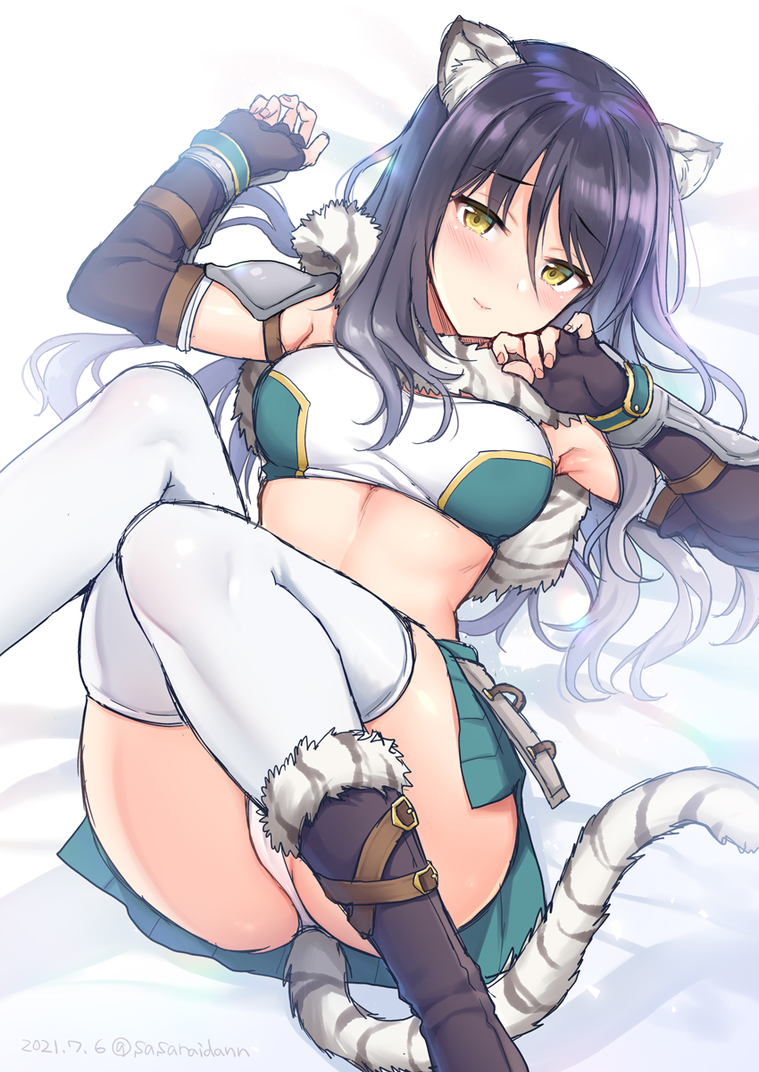 1girl animal_ears armor armpits arms_up ass black_gloves black_hair boots breasts crop_top elbow_gloves fingerless_gloves fur_collar fur_trim gloves gradient_hair highres legs_up long_hair looking_at_viewer lying medium_breasts midriff miniskirt multicolored_hair on_back panties pauldrons princess_connect! sasachin_(k+w) shiori_(princess_connect!) shoulder_armor skindentation skirt sleeveless smile solo tail thigh-highs tiger_ears tiger_girl tiger_tail underwear white_legwear white_panties yellow_eyes