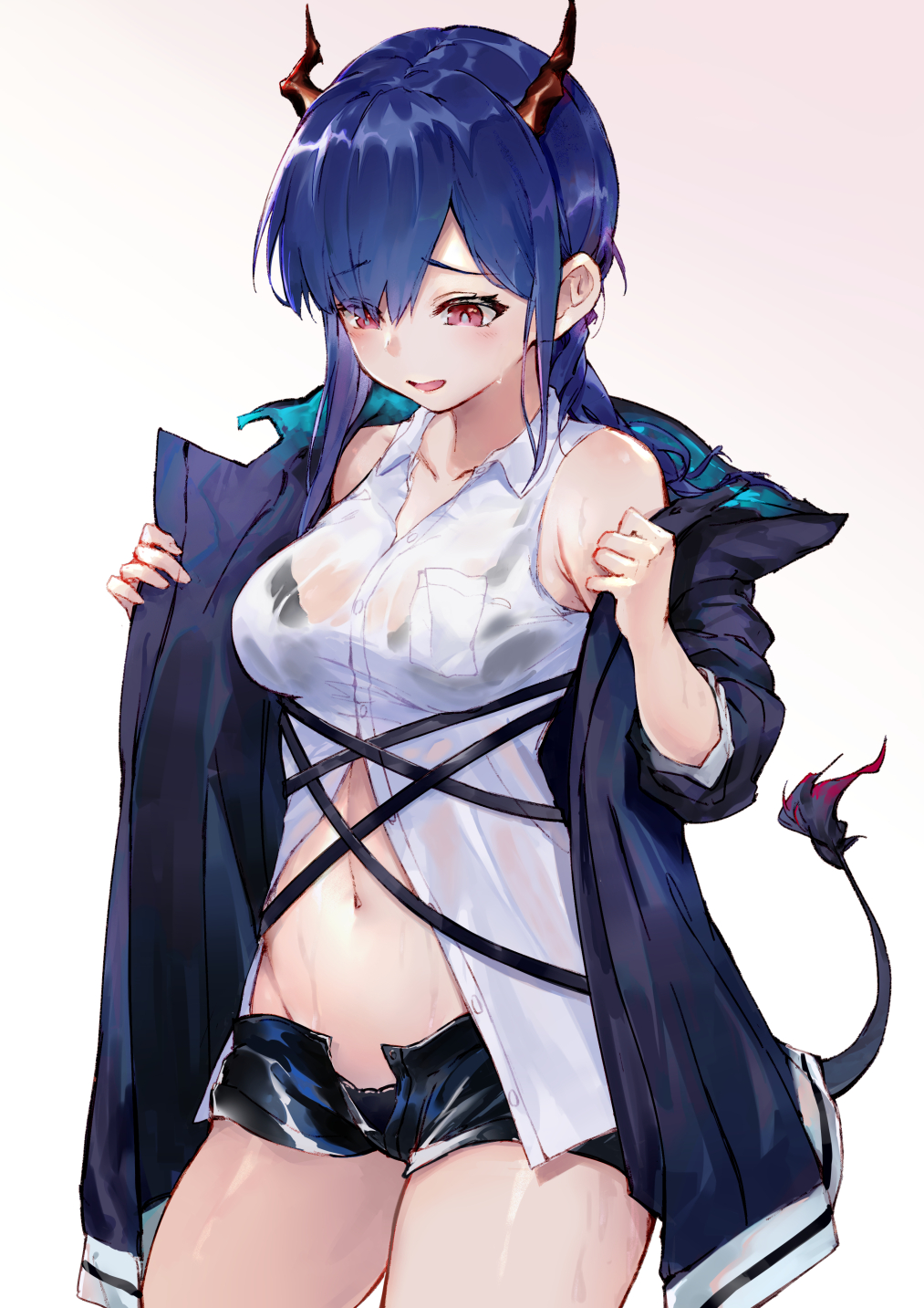 1girl arknights bkko black_bra black_shorts blue_hair blue_jacket blush bra ch'en_(arknights) chinese_commentary collarbone commentary_request cowboy_shot dragon_girl dragon_horns dragon_tail gradient gradient_background groin highres horns jacket long_hair midriff navel open_clothes open_fly open_jacket open_mouth red_eyes shirt short_shorts shorts simple_background solo tail tail-tip_fire thighs underwear wet wet_clothes wet_shirt white_background white_shirt