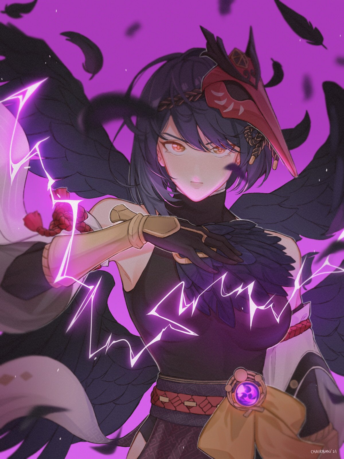 1girl bangs bare_shoulders black_hair black_wings breasts chair_bun closed_mouth commentary_request crop_top detached_sleeves electricity eyebrows_visible_through_hair feathers genshin_impact gloves hand_fan highres holding holding_fan japanese_clothes kujou_sara looking_at_viewer mask mask_on_head purple_background short_hair simple_background solo vision_(genshin_impact) wings yellow_eyes
