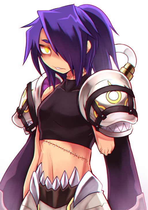 1boy armor bangs black_shirt commentary_request cowboy_shot crop_top emon-yu genetic_(ragnarok_online) hair_between_eyes hair_over_one_eye living_clothes long_hair looking_at_viewer male_focus midriff navel parted_lips pauldrons ponytail purple_hair ragnarok_online shirt shoulder_armor simple_background sleeveless sleeveless_shirt solo stitched_neck stitches teeth white_background yellow_eyes
