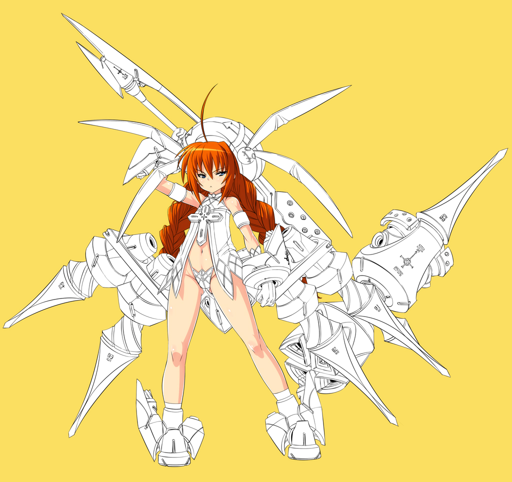 1girl ahoge blue_eyes blush braid closed_mouth eyebrows_visible_through_hair full_body long_hair looking_at_viewer lyrical_nanoha mahou_shoujo_lyrical_nanoha mahou_shoujo_lyrical_nanoha_a's mahou_shoujo_lyrical_nanoha_strikers monochrome_background nekomamire orange_hair partially_colored shiny shiny_hair simple_background solo twin_braids twintails vita yellow_background