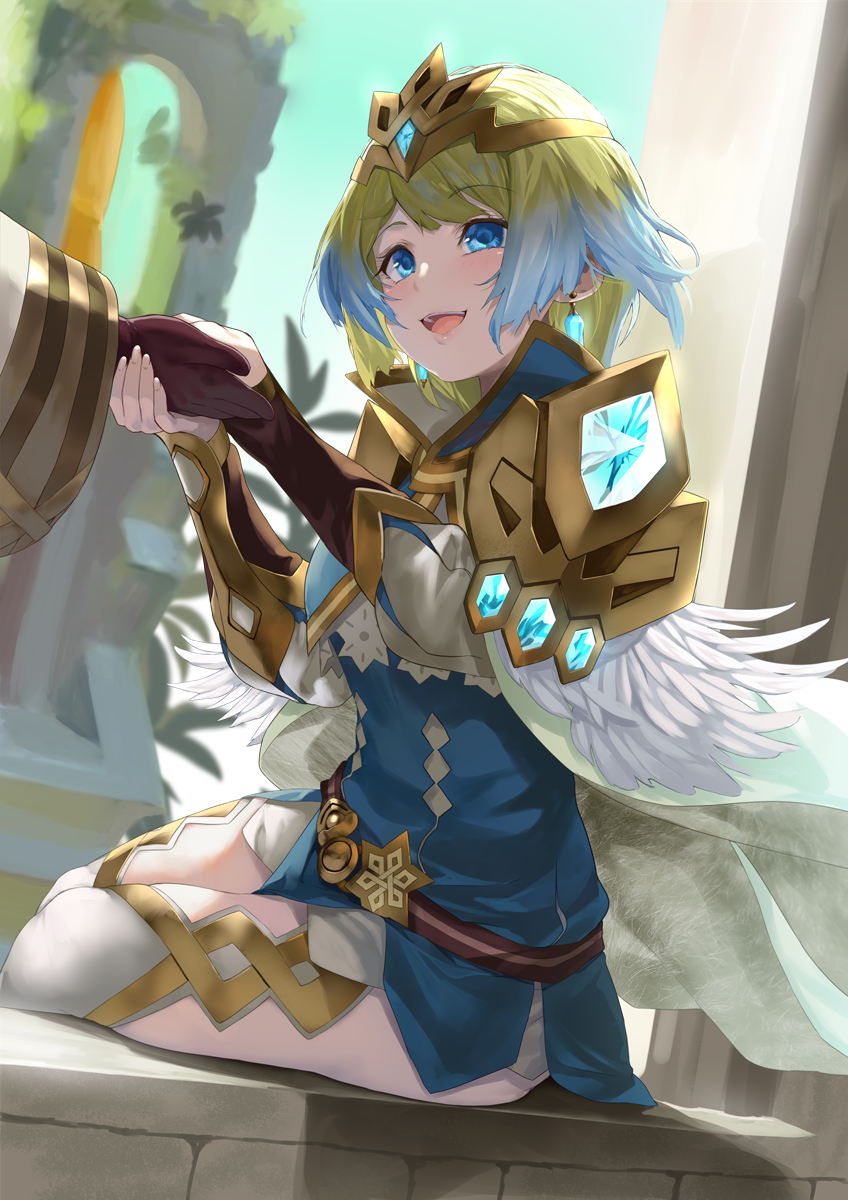 1boy 1girl armor bangs belt blonde_hair blue_eyes blue_hair blush cape commentary_request day dress earrings eyebrows_visible_through_hair feather_trim fingernails fire_emblem fire_emblem_heroes fjorm_(fire_emblem) gloves gradient gradient_hair highres jewelry kiran_(fire_emblem) lips long_sleeves multicolored_hair open_mouth out_of_frame outdoors short_dress shoulder_armor simple_background sitting smile striped thigh-highs tiara two-tone_hair yappen