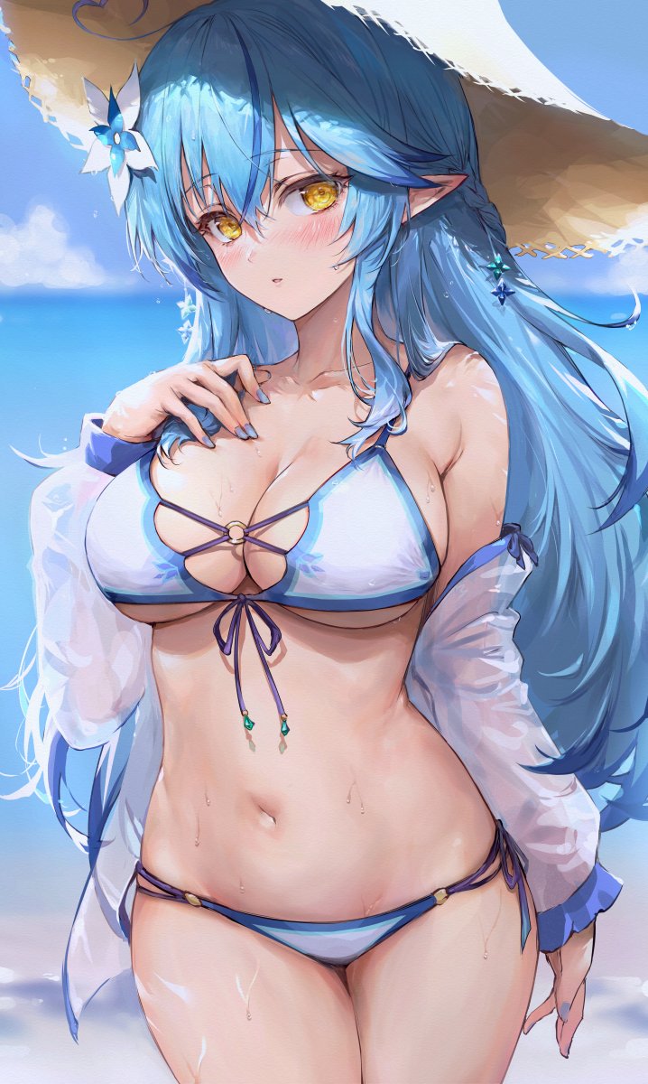 1girl bikini blue_hair blue_sky blush breasts clouds day eyebrows_visible_through_hair flower hair_between_eyes hair_flower hair_ornament haoni hat highres hololive large_breasts long_hair looking_at_viewer navel ocean pointy_ears sky solo straw_hat swimsuit thighs virtual_youtuber wet white_bikini yellow_eyes yukihana_lamy