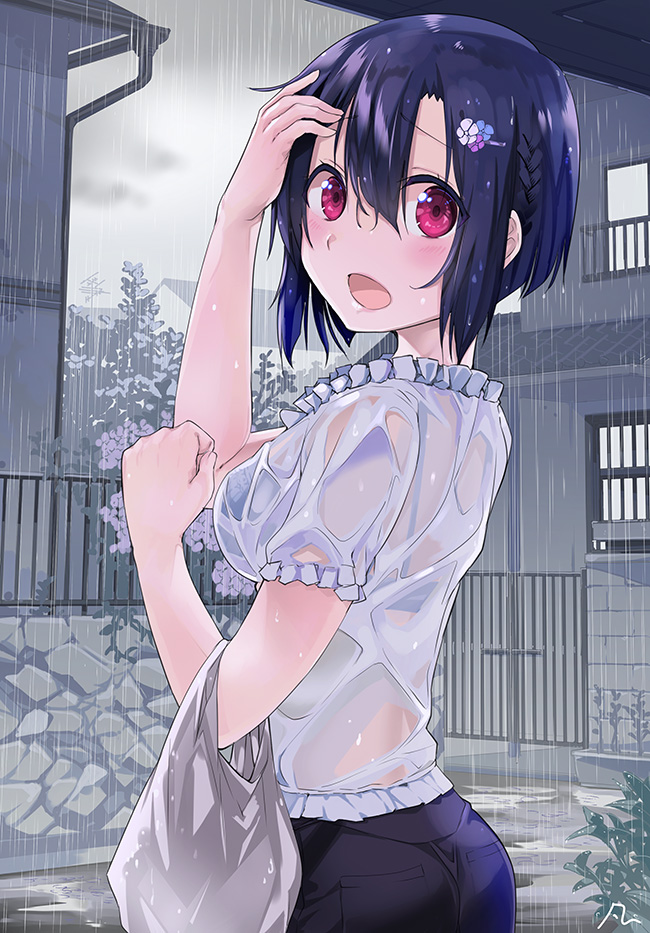 1girl adjusting_hair arm_up ass bag bangs black_hair black_pants blue_hair blush bokutachi_no_remake bra braid breasts building clenched_hand cowboy_shot flower from_side hair_between_eyes hair_flower hair_ornament hairclip hand_up holding house looking_at_viewer looking_back medium_breasts open_mouth outdoors pants plastic_bag rain red_eyes see-through shino_aki shirt short_hair short_sleeves solo underwear wet wet_clothes wet_hair white_shirt yanngoto