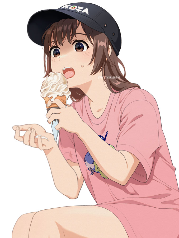 1girl animal_print baseball_cap bird_print brown_eyes brown_hair eating food hat ice_cream ice_cream_cone licking long_hair mattaku_mousuke open_mouth original shirt sitting solo sweatdrop t-shirt white_background