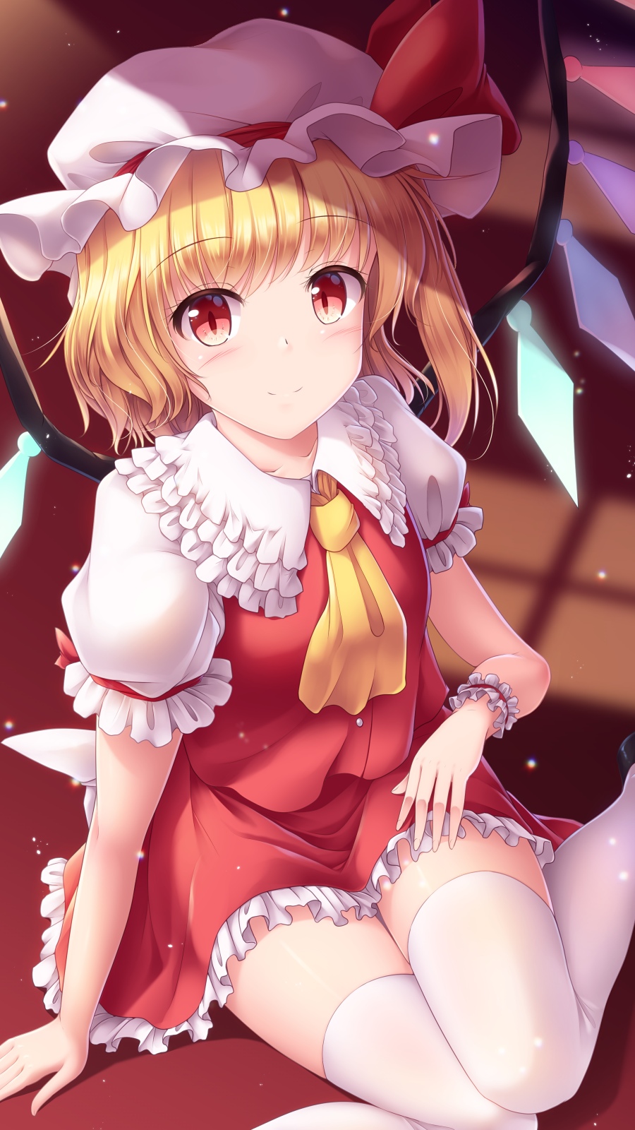 1girl ascot blonde_hair blush collared_shirt commentary_request crystal flandre_scarlet frilled_shirt frilled_skirt frills hand_on_own_thigh hat hat_ribbon highres indoors knees_together_feet_apart looking_at_viewer lzh medium_hair puffy_short_sleeves puffy_sleeves red_eyes red_ribbon red_skirt red_vest ribbon shirt shoes short_sleeves side_ponytail sitting skirt slit_pupils smile solo thigh-highs thighs touhou vampire vest white_legwear white_shirt wings yellow_neckwear