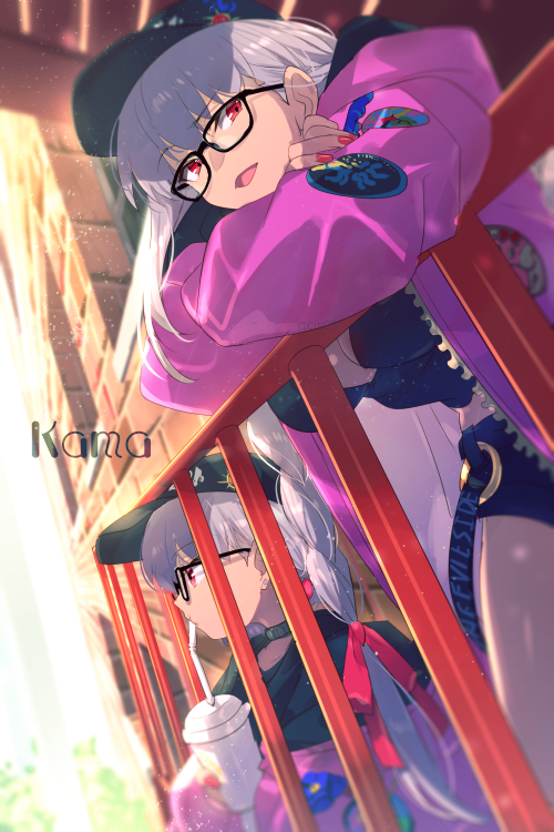 2girls bangs baseball_cap black_camisole black_shorts blush breasts camisole character_name choker cup drinking dual_persona echo_(circa) fate/grand_order fate_(series) glasses hair_ribbon hat heroic_spirit_tour_outfit hood hooded_jacket jacket kama_(fate) large_breasts long_hair long_sleeves looking_at_viewer looking_to_the_side low_twintails multiple_girls open_mouth purple_jacket red_eyes ribbon short_hair short_shorts shorts silver_hair small_breasts smile twintails