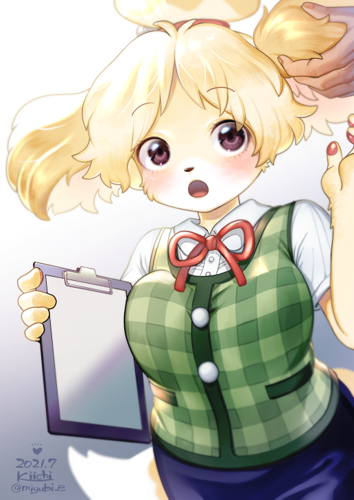 1girl animal_crossing animal_ears animal_nose artist_name bangs blonde_hair blue_skirt blurry blush body_fur breasts brown_eyes buttons clipboard collared_shirt commentary_request dated depth_of_field disembodied_limb dog_ears dog_girl dog_tail ear_grab eyebrows_visible_through_hair furry gradient gradient_background green_vest grey_background hair_ornament hair_tie hands_up heart holding holding_clipboard isabelle_(animal_crossing) kiichi_(ca0sf) large_breasts neck_ribbon open_mouth pawpads paws pencil_skirt plaid plaid_vest red_neckwear red_ribbon ribbon shiny shiny_hair shirt short_hair short_sleeves signature simple_background skirt solo_focus standing surprised tail tied_hair topknot twitter_username two-tone_fur upper_body vest white_fur white_shirt yellow_fur