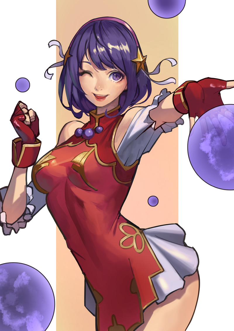 1girl asamiya_athena blush breasts earrings gloves hair_ornament hairband jewelry looking_at_viewer one_eye_closed open_mouth phamoz psycho_soldier purple_hair red_hairband short_hair smile solo star_(symbol) star_hair_ornament the_king_of_fighters the_king_of_fighters_xv violet_eyes