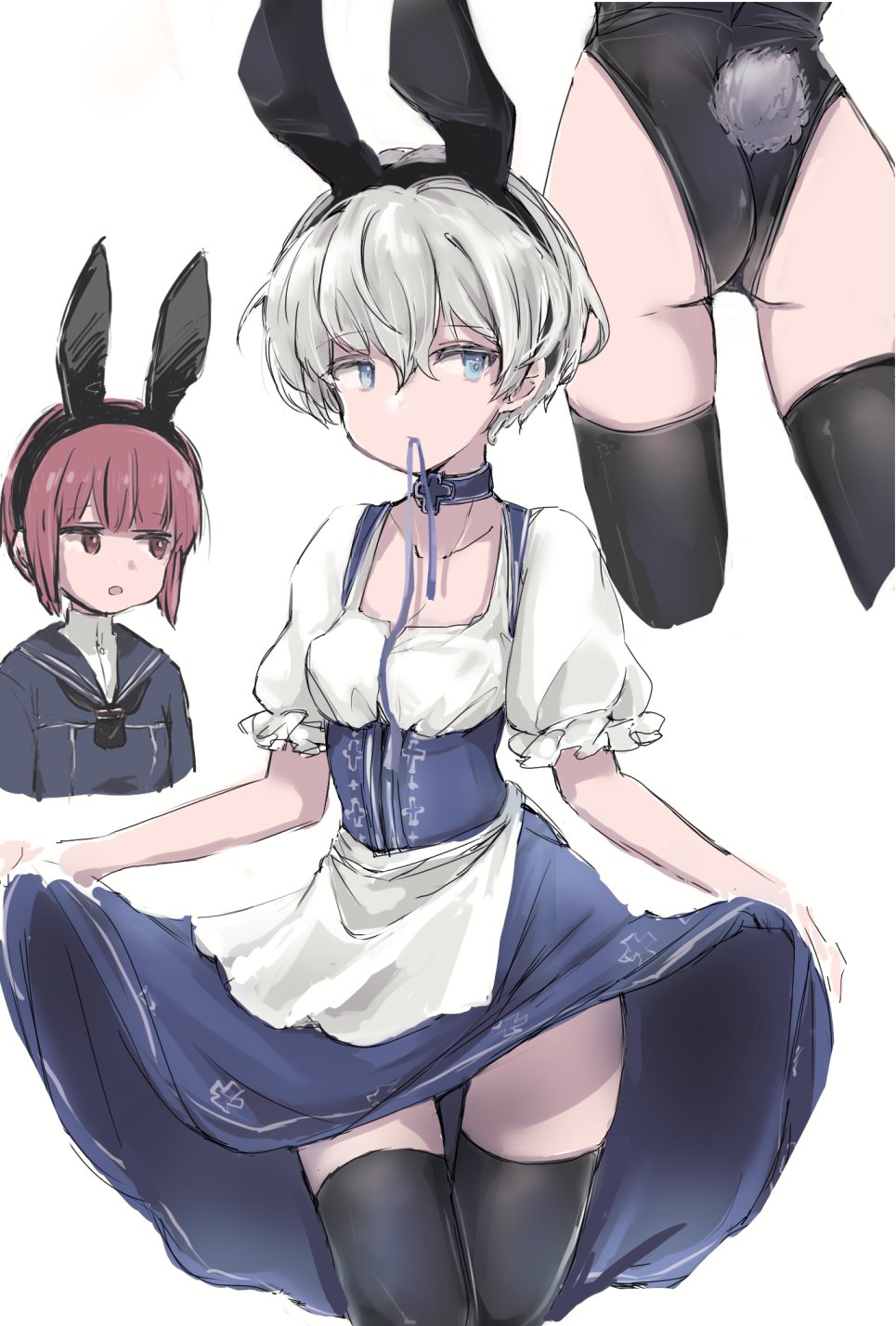 2girls adapted_costume animal_ears apron ass black_legwear black_leotard blue_eyes blue_skirt bodice clothes_lift cowboy_shot cropped_legs dirndl dress fake_animal_ears german_clothes highres kantai_collection karin_bluez3 leotard mouth_hold multiple_girls pinafore_dress playboy_bunny rabbit_ears rabbit_tail short_hair silver_hair simple_background skirt skirt_lift solo_focus standing tail thigh-highs waist_apron white_apron white_background z1_leberecht_maass_(kancolle) z3_max_schultz_(kancolle)