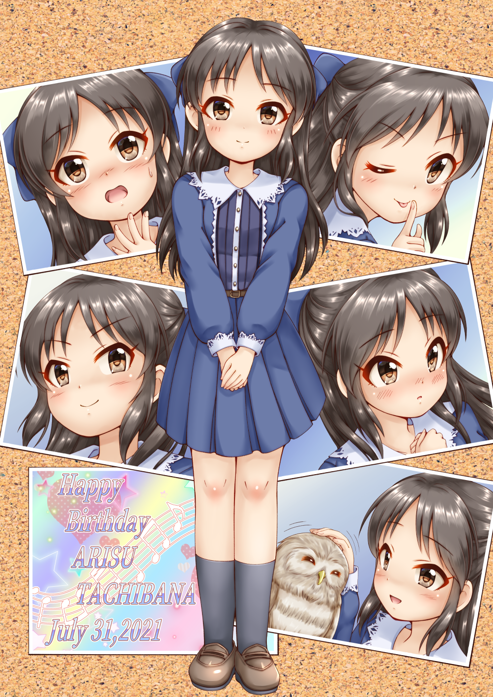 1girl :d :o ;p animal bangs bird black_hair black_legwear blue_bow blue_shirt blue_skirt blush bow brown_eyes brown_footwear character_name closed_mouth commentary_request dated eyebrows_visible_through_hair hair_bow hands_together happy_birthday highres idolmaster idolmaster_cinderella_girls loafers long_hair long_sleeves one_eye_closed open_mouth owl own_hands_together parted_bangs parted_lips petting photo_(object) pleated_skirt puffy_long_sleeves puffy_sleeves regular_mow shirt shoes skirt smile socks solo tachibana_arisu tongue tongue_out v-shaped_eyebrows very_long_hair