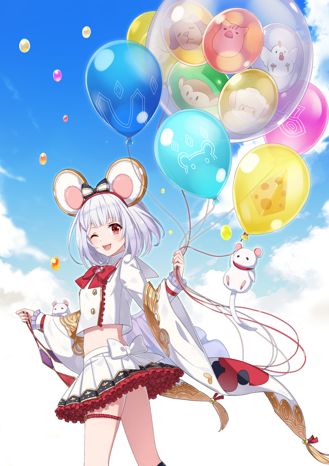 1girl animal_ears balloon bangs bird blunt_bangs bow brooch cheese chicken clouds collared_shirt commentary_request crop_top dog fake_animal_ears feet_out_of_frame food frilled_sleeves frills granblue_fantasy hair_ornament hairband hairclip highres holding holding_balloon jewelry jiman long_sleeves looking_at_viewer medium_hair miniskirt monkey mouse mouse_ears multicolored_bow one_eye_closed petticoat pig pleated_skirt red_eyes sheep shirt silver_hair skirt sky solo thigh_strap vikala_(granblue_fantasy) white_bow white_shirt white_skirt wide_sleeves