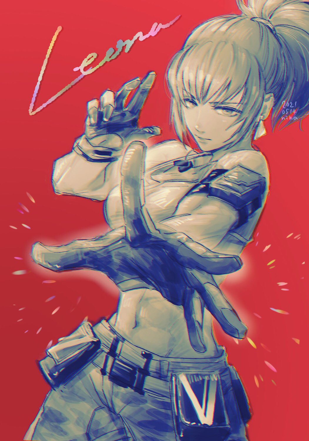 1girl ammunition_pouch armlet bare_shoulders belt breasts camouflage camouflage_pants character_name chromatic_aberration dog_tags earrings eyes gloves highres jewelry leona_heidern midriff military military_uniform monochrome navel nika_k0fg pants ponytail pouch simple_background single_glove sleeveless solo standing tank_top the_king_of_fighters the_king_of_fighters_xv triangle_earrings uniform white_background