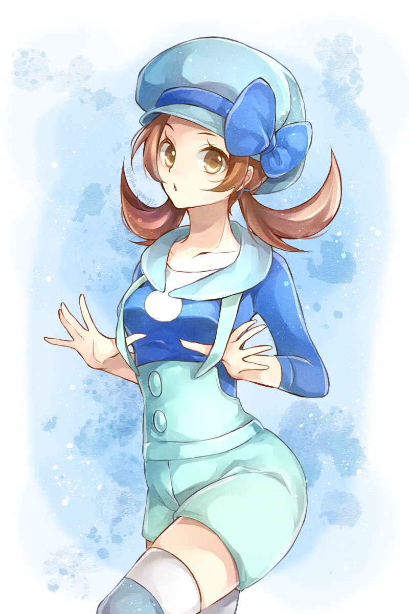 1girl alternate_color black_shirt blue_bow blue_headwear blue_shorts bow brown_hair collarbone cowboy_shot hat hat_bow highres long_hair long_sleeves looking_at_viewer low_twintails lyra_(pokemon) open_mouth pokemon pokemon_(game) pokemon_hgss shirt short_shorts shorts solo standing suspender_shorts suspenders thigh-highs twintails yellow_eyes yomogi_(black-elf) zettai_ryouiki