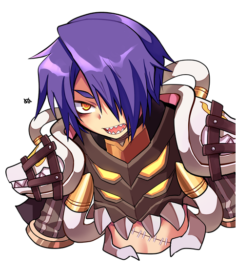 1boy armor bangs commentary_request cropped_torso emon-yu genetic_(ragnarok_online) hair_between_eyes hair_over_one_eye living_clothes looking_at_viewer male_focus open_mouth pauldrons purple_hair ragnarok_online sharp_teeth short_hair shoulder_armor simple_background solo stitches teeth upper_body white_background yellow_eyes