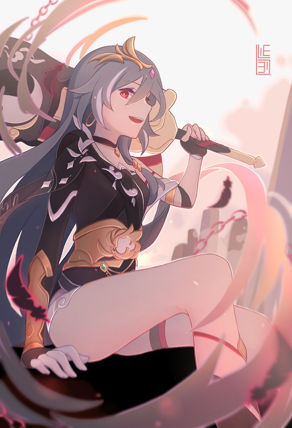 1girl :d asymmetrical_gloves asymmetrical_sleeves bangs black_gloves chain chinese_clothes feathers fingerless_gloves fu_hua fu_hua_(herrscher_of_sentience) gloves grey_hair hair_between_eyes hair_ornament highres holding holding_sword holding_weapon honkai_(series) honkai_impact_3rd lielie1511 long_hair looking_at_viewer mismatched_gloves multicolored_hair open_mouth red_eyes sitting smile solo streaked_hair sword uneven_sleeves weapon white_gloves