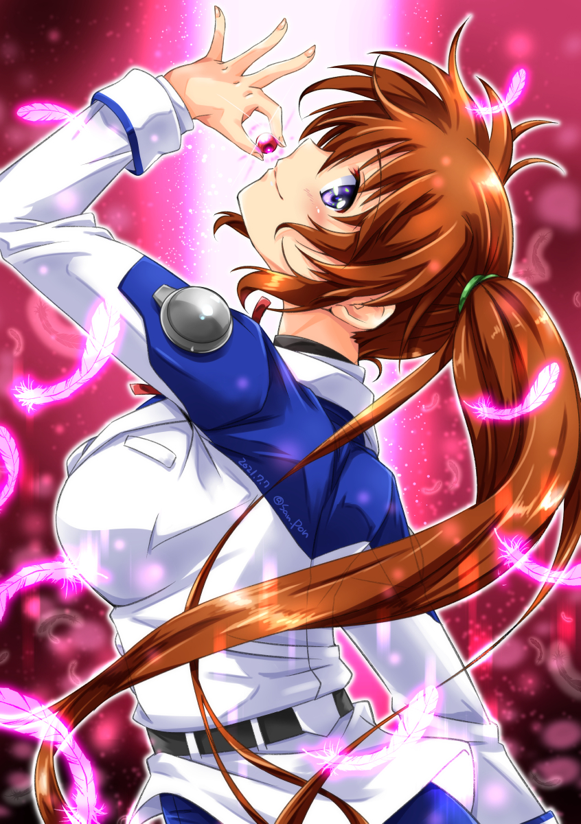 1girl artist_name blue_eyes blush breasts brown_hair closed_mouth dated from_side highres large_breasts long_hair looking_at_viewer lyrical_nanoha mahou_shoujo_lyrical_nanoha_strikers military military_uniform ponytail raising_heart san-pon shiny shiny_hair simple_background smile solo sparkle_background takamachi_nanoha uniform