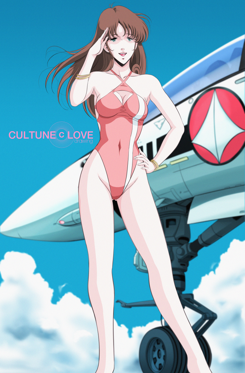 1980s_(style) 1girl aircraft airplane blue_sky brown_hair casual_one-piece_swimsuit choujikuu_yousai_macross cleavage_cutout clothing_cutout clouds commentary_request covered_navel feet_out_of_frame hayase_misa highleg highleg_swimsuit highres long_hair looking_at_viewer macross macross:_do_you_remember_love? one-piece_swimsuit red_swimsuit retro_artstyle salute sky solo swimsuit triangle_cutout waeba_yuusee