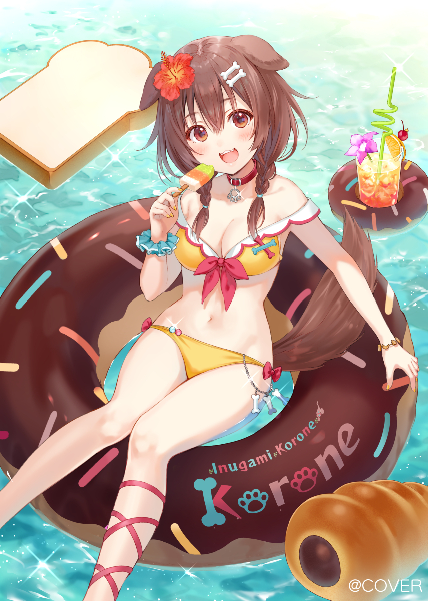 1girl animal_ears bikini bone_hair_ornament bread brown_eyes brown_hair character_name collar commentary dog_ears dog_girl dog_tail doughnut drink feet_out_of_frame flower food front-tie_bikini front-tie_top fukahire_(ruinon) hair_between_eyes hair_flower hair_ornament highres holding holding_food hololive innertube inugami_korone looking_at_viewer navel off-shoulder_bikini off_shoulder open_mouth red_collar red_flower side-tie_bikini sitting smile solo swimsuit symbol_commentary tail water wristband yellow_bikini
