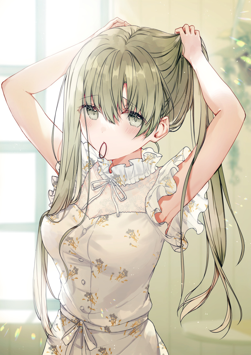 1girl armpits arms_behind_head arms_up bangs bare_arms blurry blurry_background blush breasts cecilia_(shiro_seijo_to_kuro_bokushi) closed_mouth commentary_request depth_of_field dress eyebrows_visible_through_hair green_eyes green_hair hair_between_eyes hair_tie hair_tie_in_mouth indoors kazutake_hazano long_hair medium_breasts mouth_hold shiro_seijo_to_kuro_bokushi sleeveless sleeveless_dress solo tying_hair very_long_hair white_dress window