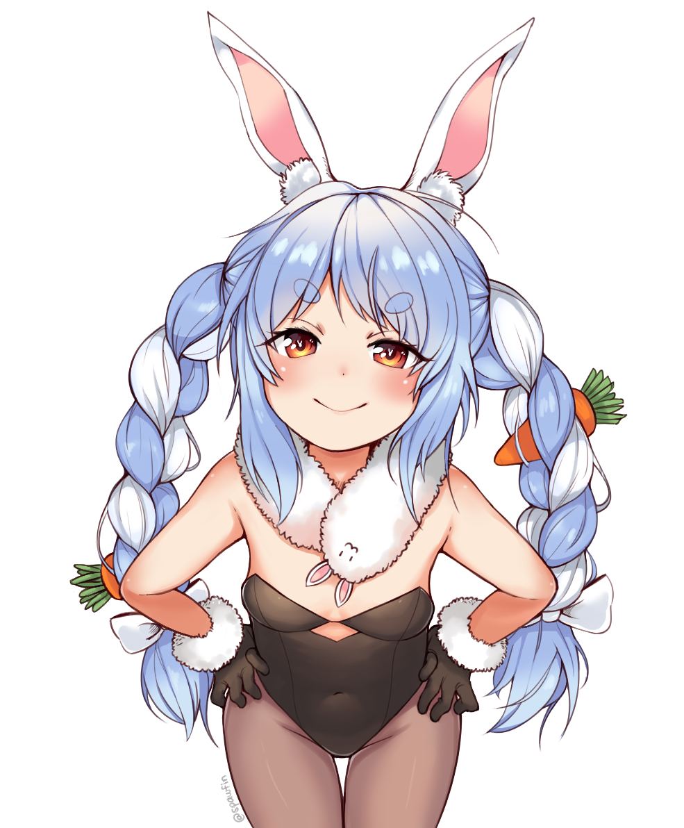 1girl animal_ears black_gloves black_leotard blue_hair blush breasts carrot_hair_ornament closed_mouth covered_navel cowboy_shot don-chan_(usada_pekora) food-themed_hair_ornament fur-trimmed_gloves fur_trim gloves hair_ornament hololive leotard long_hair multicolored_hair pantyhose playboy_bunny playboy_bunny_leotard rabbit_ears sidelocks simple_background small_breasts smile solo spawfin strapless strapless_leotard thigh_gap twintails two-tone_hair usada_pekora virtual_youtuber white_background white_hair