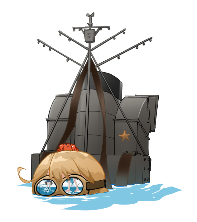 3girls bangs brown_hair chagen_kokimu crab crab_on_head goggles kantai_collection machinery multiple_girls oboro_(kancolle) partially_submerged rigging short_hair simple_background solo_focus starfish submerged swimming underwater water white_background