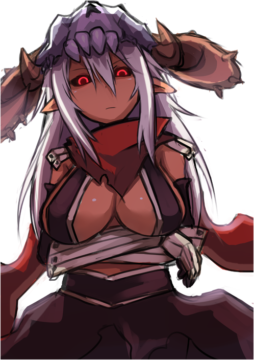 1girl arm_under_breasts armor assassin_cross_(ragnarok_online) bangs black_cape black_gloves black_leotard black_sclera breasts cape closed_mouth colored_sclera commentary_request cowboy_shot elbow_gloves emon-yu eyebrows_visible_through_hair genderswap genderswap_(mtf) gloves hair_between_eyes horns leotard long_hair looking_at_viewer medium_breasts pauldrons pointy_ears ragnarok_online red_eyes red_scarf revealing_clothes scarf shoulder_armor simple_background skull skull_on_head solo tan vambraces waist_cape white_background white_hair