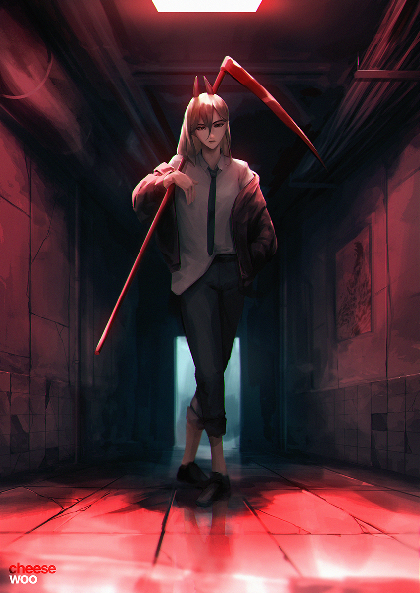 1girl artist_name bangs blonde_hair chainsaw_man cheesewoo closed_mouth collared_shirt crossed_legs demon_horns full_body hair_between_eyes hallway hand_in_pocket highres holding holding_scythe horns jacket long_hair necktie off_shoulder over_shoulder pants pants_rolled_up power_(chainsaw_man) scythe shirt solo watson_cross weapon weapon_over_shoulder white_shirt