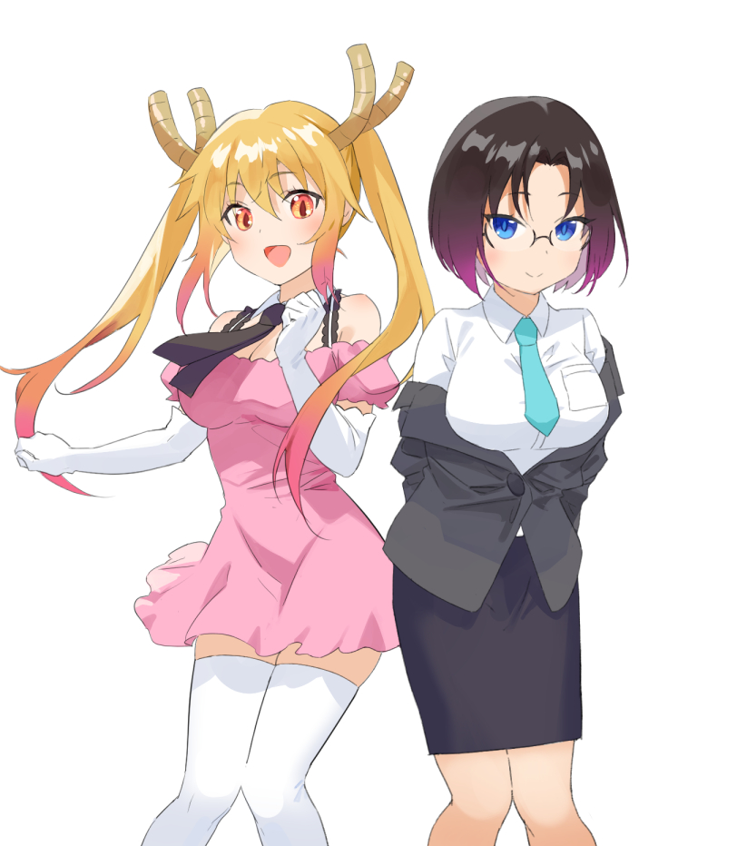 :d bangs black_hair blue_eyes breast_pocket collared_shirt commentary_request dragon_horns dress elbow_gloves elma_(maidragon) eyebrows_visible_through_hair eyes_visible_through_hair glasses gloves hair_between_eyes holding holding_ladle horns ice_(ice_aptx) kobayashi-san_chi_no_maidragon ladle long_hair looking_at_viewer necktie off-shoulder_dress off_shoulder office_lady open_mouth orange_eyes orange_hair pink_dress pocket shirt short_hair sidelocks simple_background slit_pupils smile thigh-highs tohru_(maidragon) twintails white_background white_gloves white_legwear zettai_ryouiki