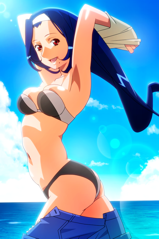 1girl armpits arms_up asahina_natsuki bikini blue_hair clothes_lift clothes_pull cowboy_shot day hairband lens_flare long_hair looking_at_viewer mole mole_under_mouth navel non-web_source ocean official_art open_mouth outdoors pants pants_pull photoshop_(medium) red_eyes shirt_lift solo strapless strapless_bikini super_real_mahjong swimsuit tanaka_ryou undressing