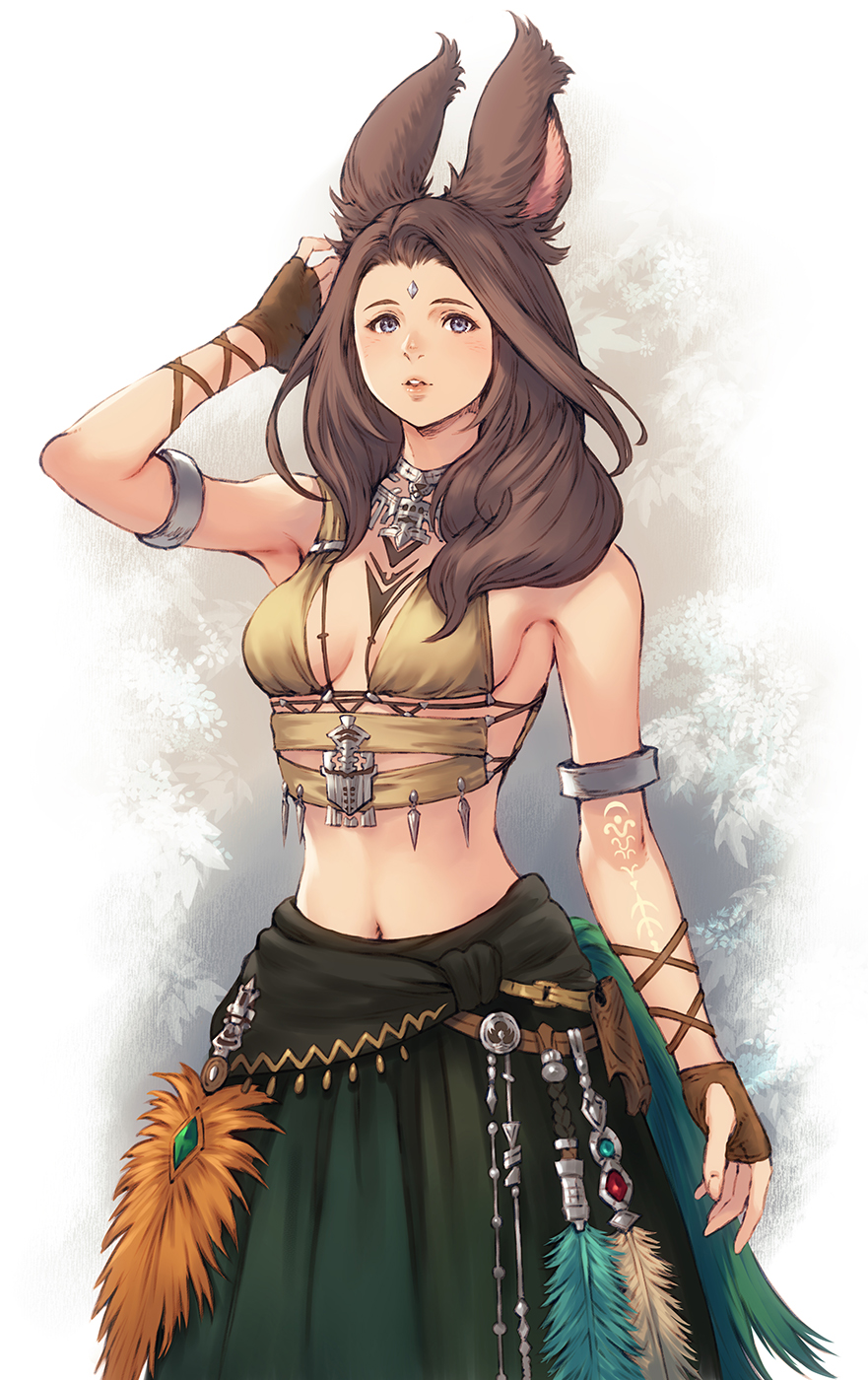 1girl animal_ear_fluff animal_ears bangs bare_shoulders blue_eyes breasts brown_hair commentary feathers final_fantasy final_fantasy_xiv fingernails gloves green_skirt hand_up highres jewelry lips looking_at_viewer makimura_shunsuke medium_breasts midriff navel necklace parted_bangs parted_lips rabbit_ears simple_background skirt sleeveless solo stomach tattoo viera