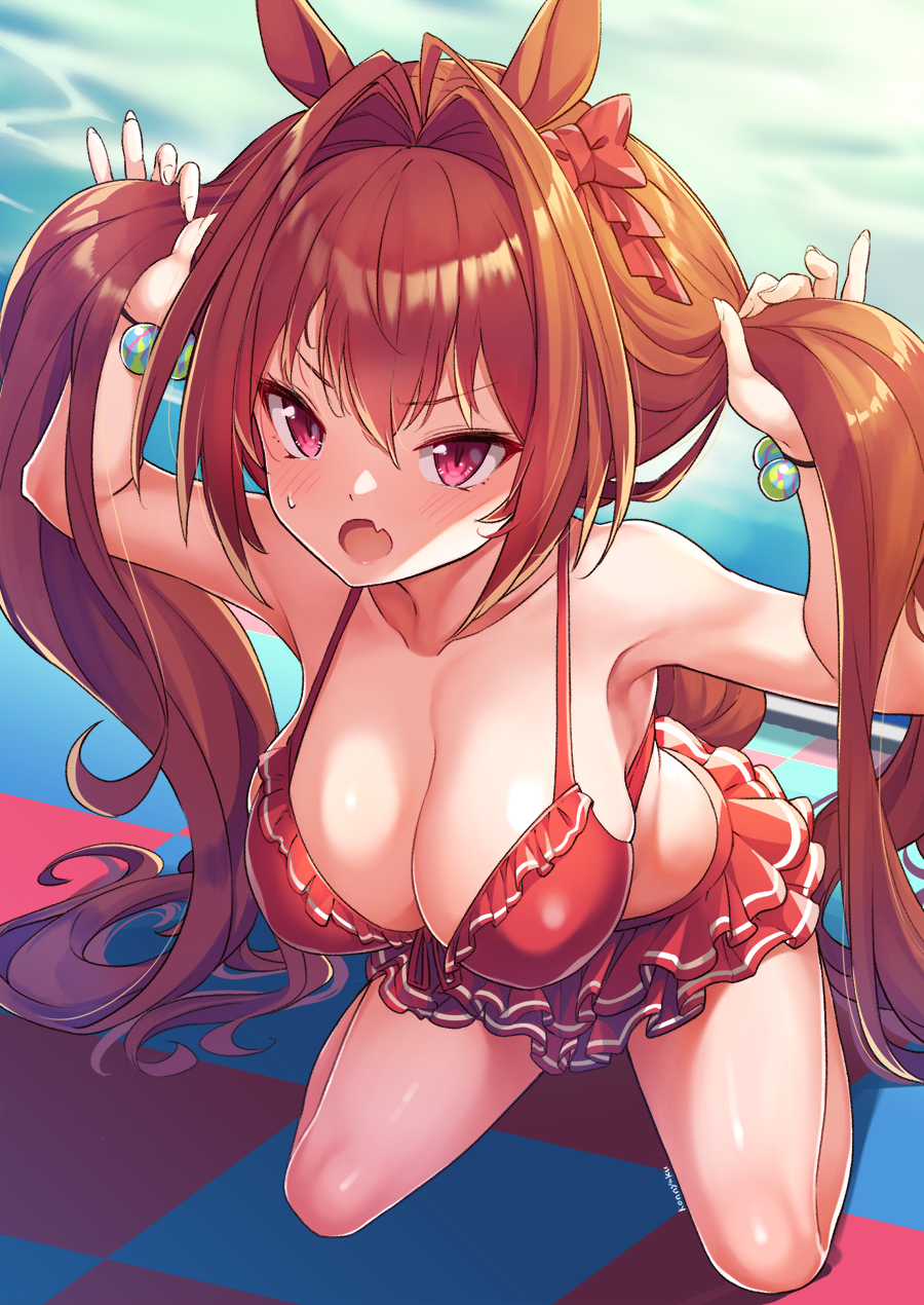 1girl animal_ears bikini bow breasts collarbone daiwa_scarlet_(umamusume) fang frilled_bikini frills hair_bow highres horse_ears horse_girl horse_tail kneeling konnyaku_(kk-monmon) large_breasts long_hair looking_at_viewer open_mouth red_bikini red_bow red_eyes redhead skin_fang solo swimsuit tail twintails umamusume very_long_hair