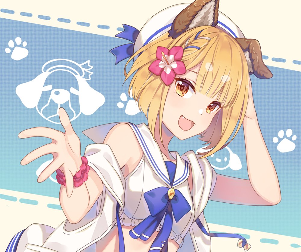 1girl animal_ears arm_scrunchie bangs blonde_hair blunt_bangs braid collarbone commentary_request crop_top dog_ears eyebrows_visible_through_hair fang flower garjana granblue_fantasy hair_flower hair_ornament hand_on_head hat jacket jiman off_shoulder open_mouth outstretched_arm paw_print sailor_collar sailor_hat single_braid smile solo upper_body vajra_(granblue_fantasy) yellow_eyes