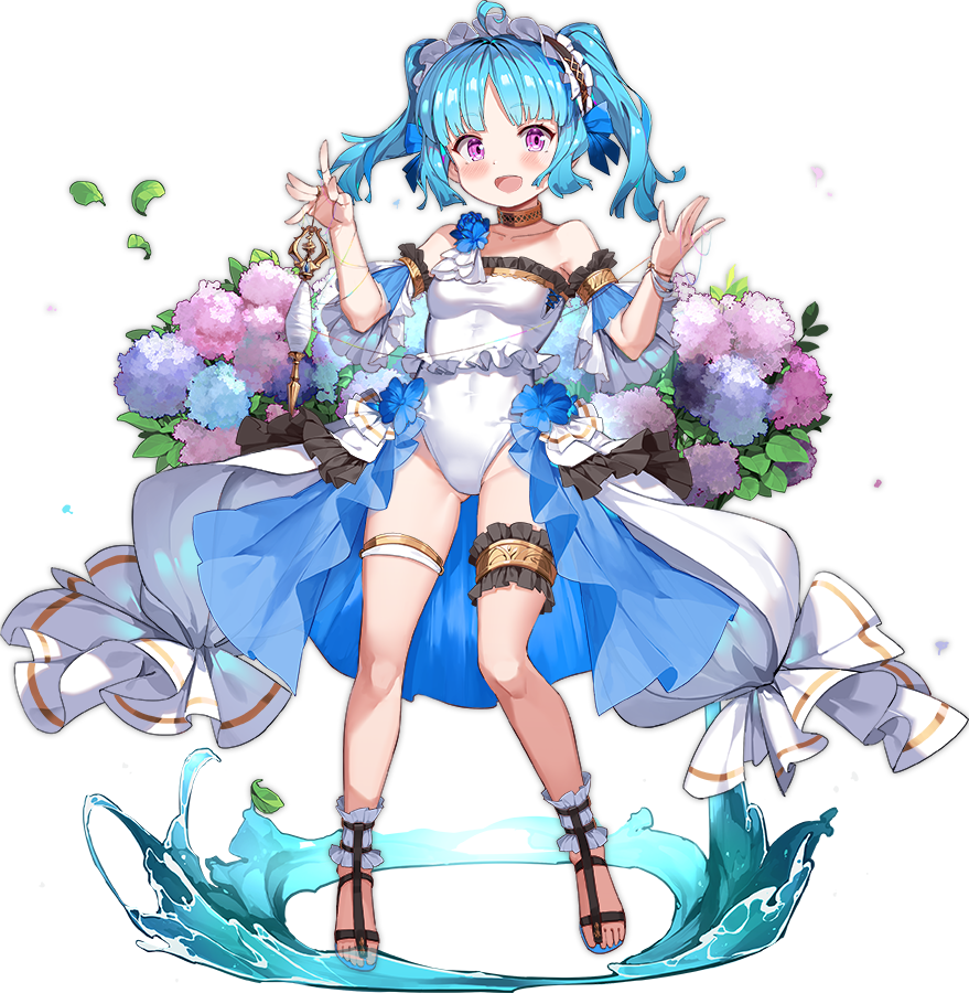 1girl :d ahoge ankle_cuffs ark_order artist_request bangs bare_shoulders blue_bow blue_flower blue_hair blush bow bracelet breasts choker clotho_(ark_order) detached_sleeves flower hair_bow holding hydrangea jewelry leaf leg_garter leotard maid_headdress medium_hair official_art open_mouth pink_eyes sandals short_sleeves sidelocks skirt small_breasts smile solo spool tachi-e thighlet thread twintails water white_leotard white_skirt