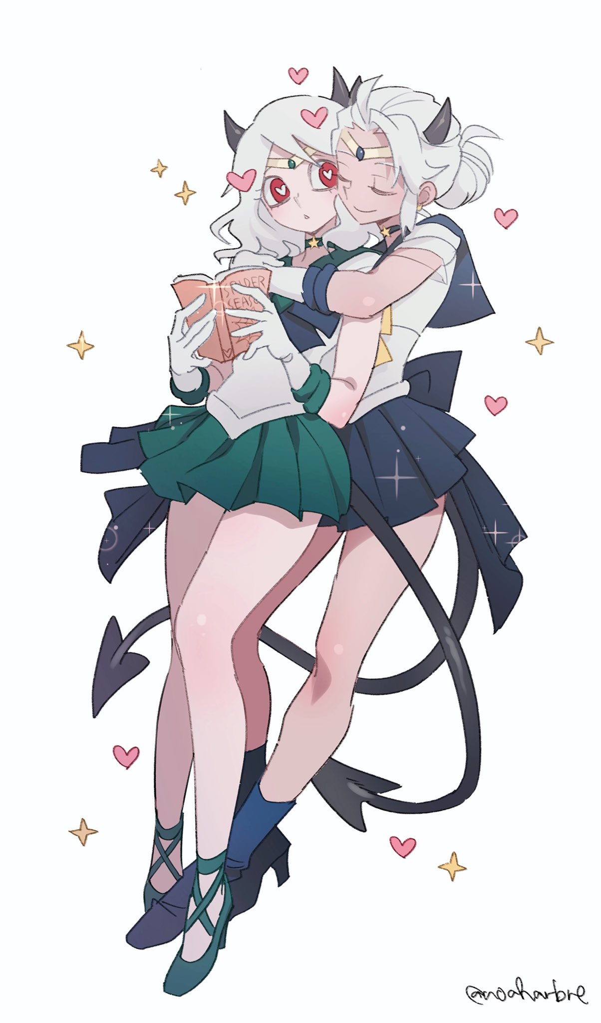 2girls bangs bishoujo_senshi_sailor_moon black_footwear black_horns black_skirt blue_skirt blush book breasts closed_eyes cosplay crossover demon_girl demon_horns demon_tail full_body gloves green_skirt heart heart-shaped_pupils helltaker highres holding holding_book horns hug hug_from_behind justice_(helltaker) magical_girl modeus_(helltaker) multiple_girls noaharbre open_book red_eyes sailor_collar sailor_senshi_uniform shoes short_hair simple_background skirt smile socks sparkle sparkle_background star_(symbol) symbol-shaped_pupils tail twitter_username white_gloves white_hair