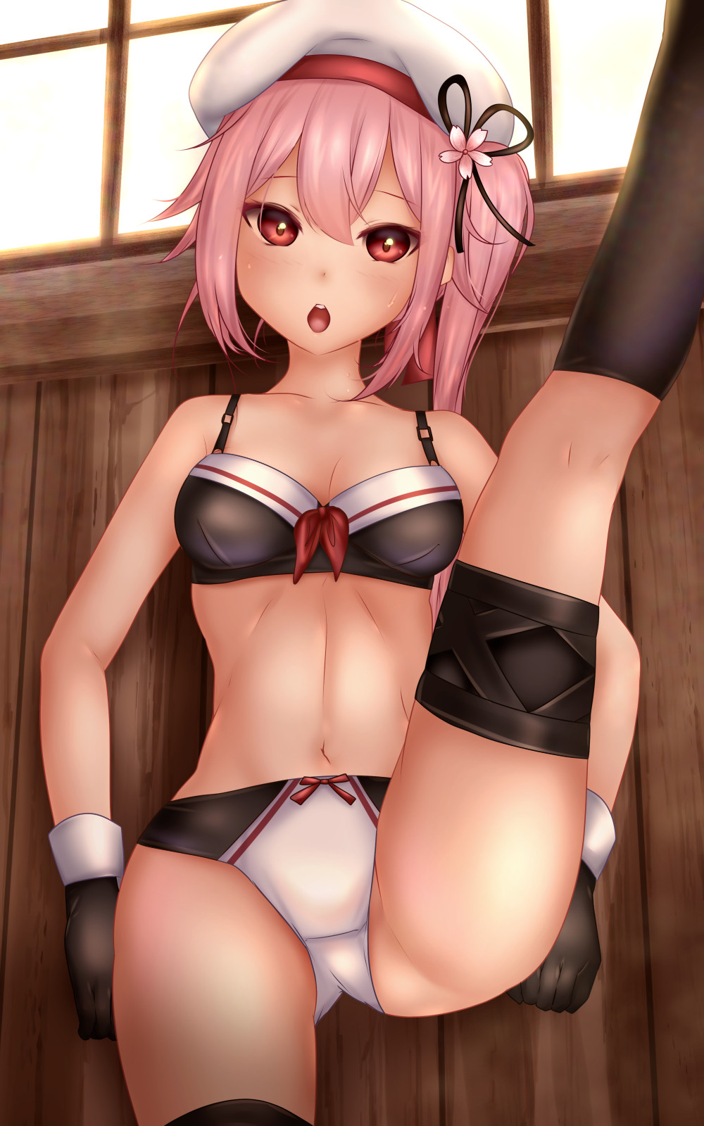 1girl beret black_bra black_gloves bra breasts flower gloves hair_flower hair_ornament harusame_(kancolle) hat highres kantai_collection navel panties pink_hair red_eyes ribbon shounen_(hogehoge) side_ponytail small_breasts solo split standing standing_on_one_leg standing_split underwear underwear_only white_headwear white_panties