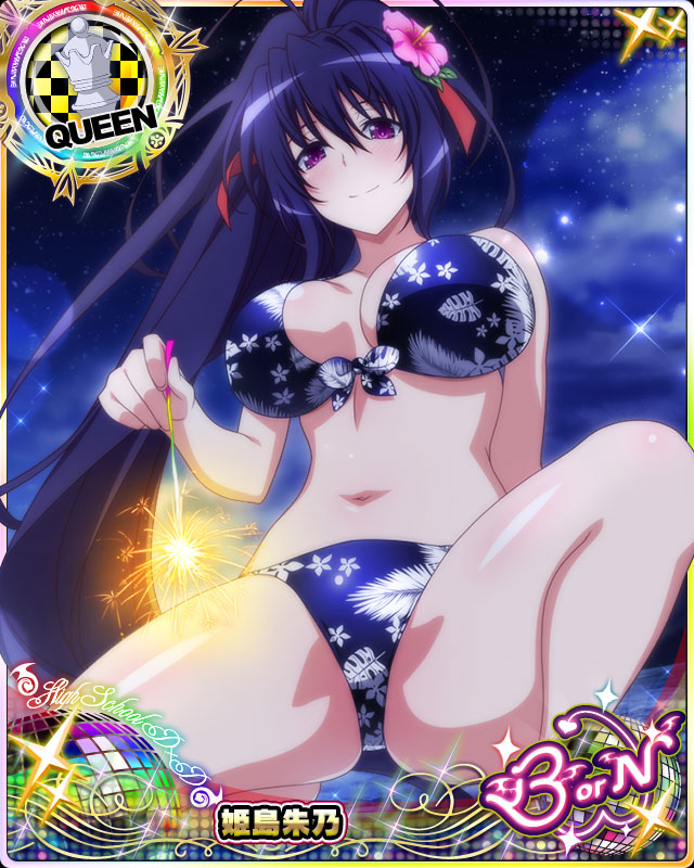 1girl bikini black_hair breasts card_(medium) chess_piece flower hair_between_eyes hair_flower hair_ornament high_school_dxd himejima_akeno large_breasts long_hair looking_at_viewer navel night night_sky official_art ponytail queen_(chess) sky smile solo swimsuit trading_card violet_eyes