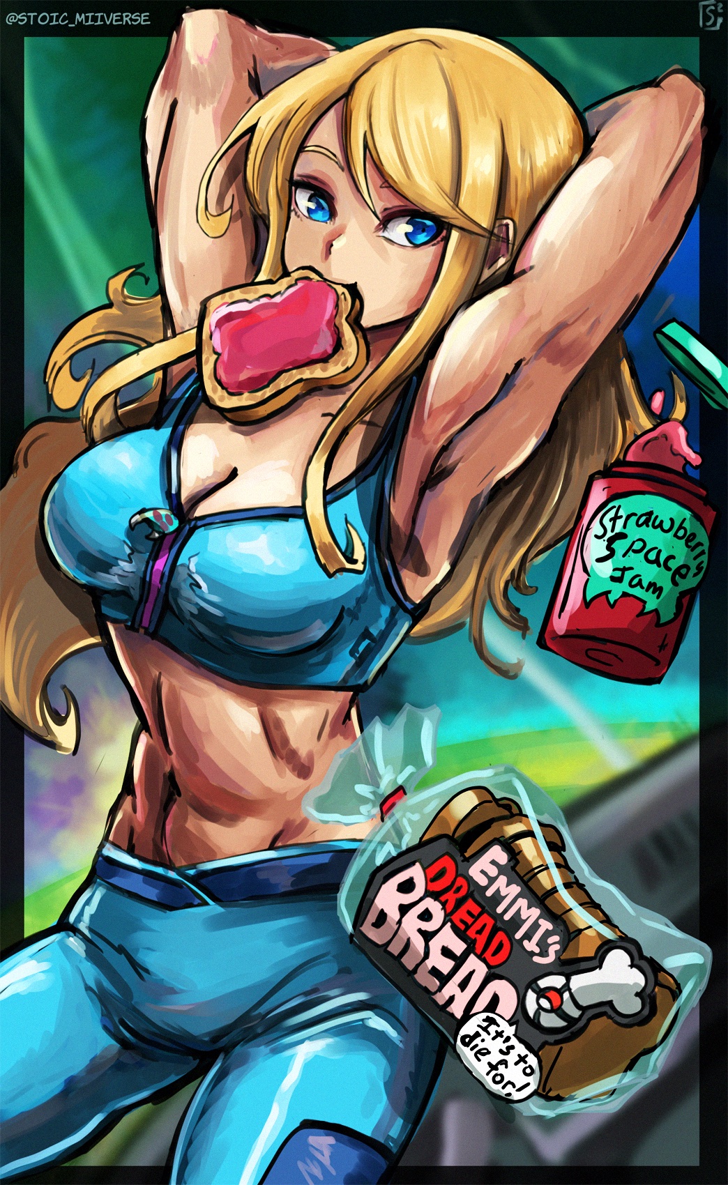 1girl abs armor bangs blonde_hair blue_eyes bread breasts food gun highres large_breasts long_hair looking_at_viewer metroid metroid_dread mole mole_under_mouth muscular muscular_female ponytail samus_aran science_fiction simple_background solo stoic_seraphim tank_top upper_body weapon