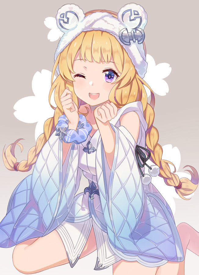 1girl bathrobe blonde_hair blush braid cagliostro_(granblue_fantasy) commentary_request detached_sleeves fleur_de_lis floral_background floral_print granblue_fantasy grey_background hairband jiman long_hair looking_at_viewer low_twin_braids one_eye_closed pom_pom_(clothes) scrunchie sitting smile solo twin_braids violet_eyes wariza wide_sleeves wrist_scrunchie