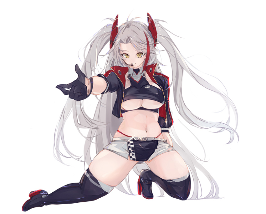 1girl azur_lane belt boots breasts clothing_cutout cropped_shirt earpiece gloves half_gloves headgear high_heels jacket large_breasts long_hair looking_at_viewer microskirt midriff multicolored_hair navel official_alternate_costume open_clothes open_jacket outstretched_arm panties panty_straps prinz_eugen_(azur_lane) prinz_eugen_(final_lap)_(azur_lane) purple_footwear purple_gloves purple_jacket racequeen red_panties redhead shika_(shika0) simple_background skirt solo streaked_hair thigh-highs thigh_boots two-tone_hair two-tone_skirt under_boob underboob_cutout underwear very_long_hair white_background white_belt white_hair yellow_eyes zipper