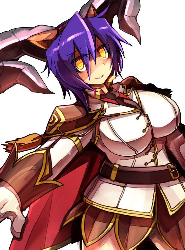 1girl bangs black_skirt breasts cape commentary_request cowboy_shot dutch_angle emon-yu eyebrows_visible_through_hair eyes_visible_through_hair genetic_(ragnarok_online) gloves grin hair_between_eyes horns jacket large_breasts looking_at_viewer necktie official_alternate_costume purple_hair ragnarok_online red_cape red_shirt shaded_face shirt short_hair simple_background skirt smile solo white_background white_gloves white_jacket yellow_eyes